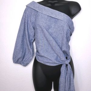 Free People Get Down Blue White One Shoulder Top